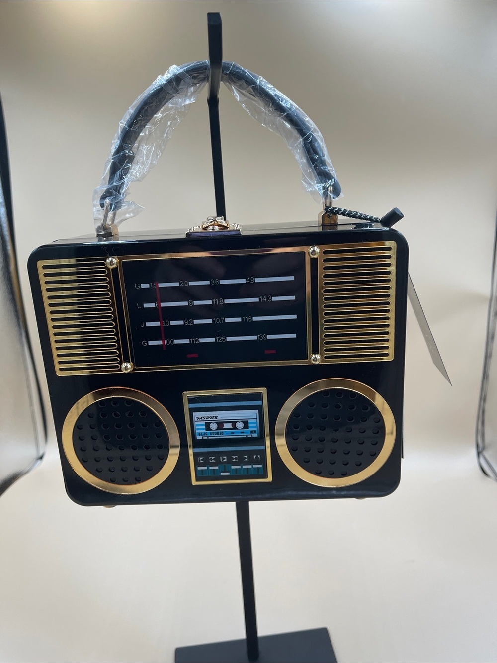 Fun Retro Portable Boombox Handbag - Black and Gold NWT Eye Catching Style